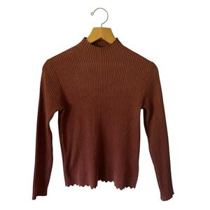 Adrianna Papell Brown Mock Neck Scalloped Long Sleeve Cable Knit Sweater Sz M